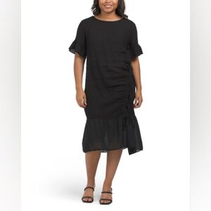NWT - Linen Italy Black Asymmetrical Ruched Dress w Flutter Sleeves -Size L